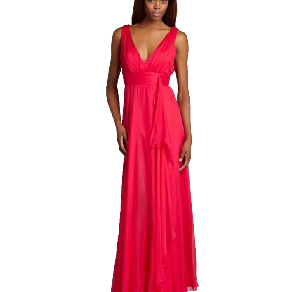 ABS Allen Schwartz ~ Cherry Pink Silk Chiffon V-Neck Formal Gown 0 NEW $449